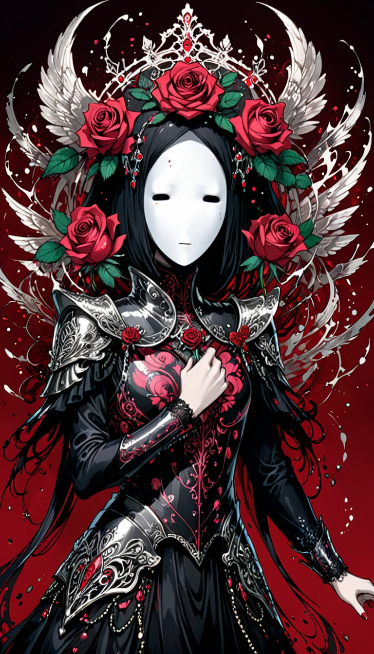 in style of Harry Clarke,character concept design,half body, (ROSE HEAD:1.5) (no face:2.0) paladin,angry,crazy smile,fighting pose,Magic Effects,Metallic details,Red tone,Unknown background,perfect hands,Core Art,The art of spray painting,Splash Art