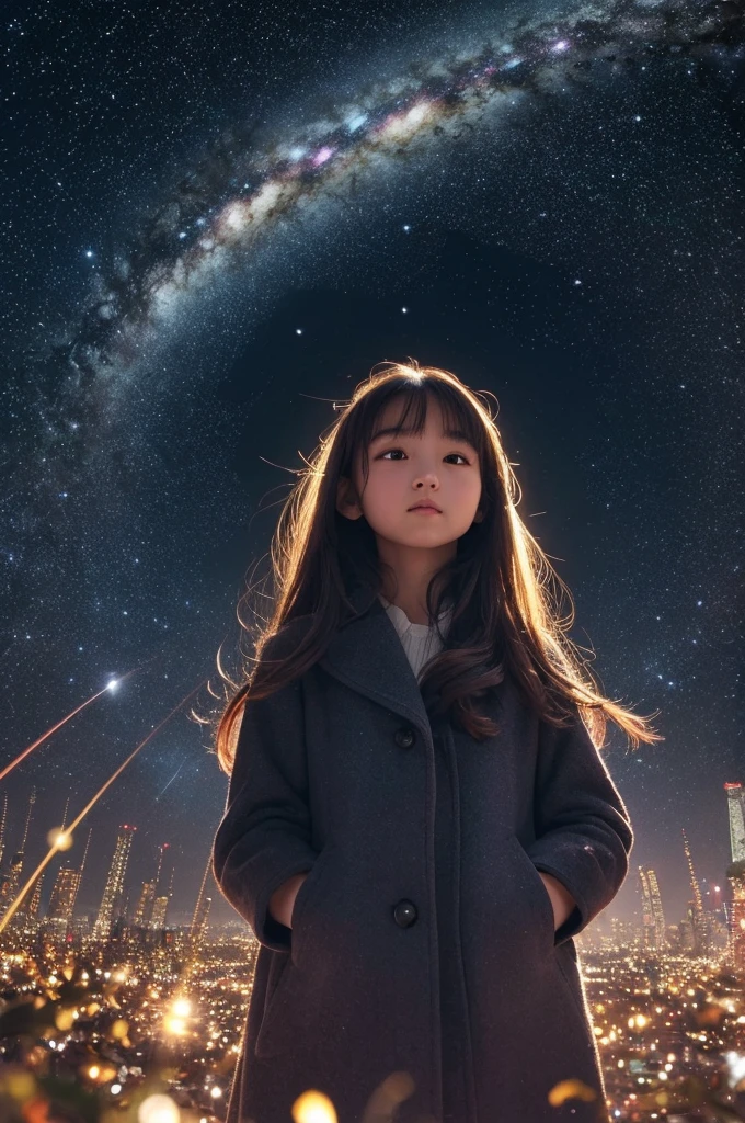 8k、Very detailedなCGユニットのwallpaper、masterpiece、High resolution、Highest quality、Highest qualityのリアルな質感の肌、Ultra-realistic、Increase the resolution、RAW Photos、Highest quality、Very detailed、wallpaper、Cinematic lighting、Ray-tracing、Golden Ratio、BREAK、Many twinkling stars in a beautiful bright winter night sky、Long exposure starry sky with many circular orbits、Silhouette of a young woman with long hair looking up with her hands in her coat pockets、Photos taken from a distance、Photo from below、Beautiful overlapping kaleidoscope multiple exposures