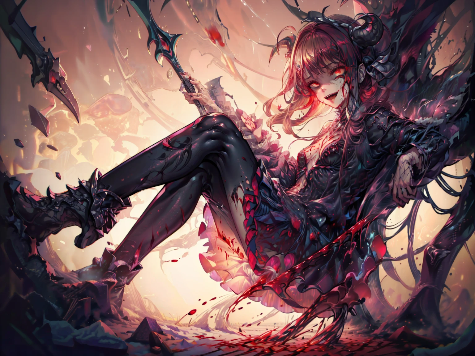 shaded face　、beautiful girl、とてもcute天使、Pink T-shirt、cute、、smile、Long skirt、Black long boots、.(Highest quality,4K,High resolution,masterpiece:1.2),Very detailed,Realistic:1.37,Spooky altar background,Dark fantasy,Red color scheme,Ominous atmosphere,Eye-catching,Storytelling,anatomy,Anime Style,Concept Art,beautiful細部までこだわった顔と (((Red eyes ))),A terrifying ritual ,Satanic Ritual,Premature death,inappropriate behavior,クレイジーなsmile,Scythe Face,Girl Monster, beautiful, Delicate facial features, Sharp Eye, Sharp Fangs, pale skin, Dark Background, Cinema Lighting, Dramatic Shadows, Gothic style, Gloomy atmosphere, Dark fantasy, one person&#39;s, Please open your mouth wide, Open your mouth and baring your teeth,Sharp teeth like a beast, Wide lips, very wide mouth, Vermilion cheeks, ,(Blood splatter:1.4),Scary smile, smile,Angel Design, Twisted smile、Bloody、bleeding from the head,,,,,、Blood splatter、,(Blood splatter:1.4),skull,Horror Style, ((Fantasy Sweet Ta Frill Pink Costume)), ((Flowing blonde hair)), ,(Blood splatter:1.4),Female curves, Sexy flat stomach, Perfect hands, Perfect anime face, (Pink Tata Dress)), Are standing, ((邪悪なsmile)), ,(Blood splatter:1.4), Steam circulates, Moonlight Illumination, night lighting, (Blood splatter:1.6),アニメAngel Design, Twisted smile、Bloody、bleeding from the head,,,,,、Blood splatter、,(Blood splatter:1.4), skull,Gothic architecture、Western architecture、Fantasy World、,Victorian cities, Skeleton Gas Light,Absurd, High resolution、 ((Tabletop)), ((Highest quality)), (Very detailedな), ((Very detailed)), (beautiful), ((cute)), (NFSW:1.8), alone,(:1.6)、(world&#39;The most terrifying and creepy demon girl:1.5)beautiful face、Whole Body Ezbian、pale, beautiful肌、beautiful金の髪、優しくsmileむ、Dark building ruins、(snow white&#39;Frill dress:1.3)、(The dark ruins are stained with blood:1.3)、Low angle full body shot、(少女は血の海の中にAre standing:1.5)、(The ground is full of blood:1.3)、(The girl lost a lot of blood....:1.3)、(クレイジーなsmile:1.6)、Spirits、(Blood dripping from the mouth:1.3)、
