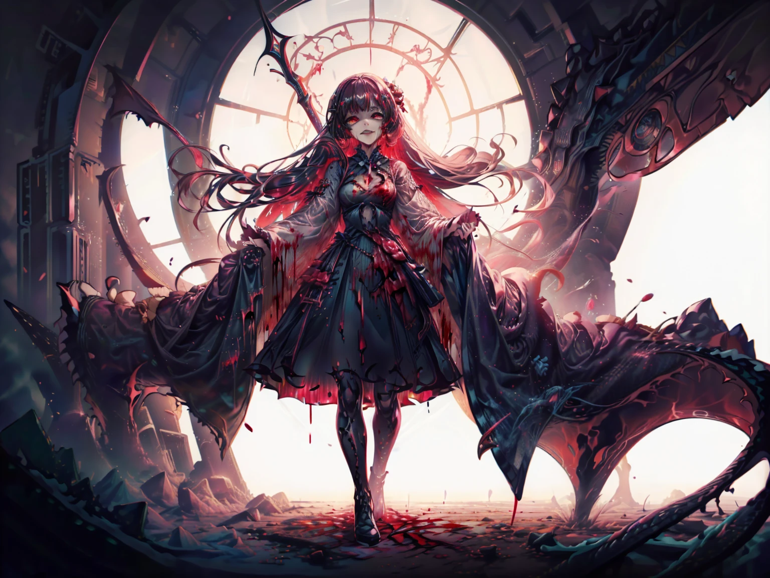 shaded face　、beautiful girl、とてもcute天使、Pink T-shirt、cute、、smile、Long skirt、Black long boots、.(Highest quality,4K,High resolution,masterpiece:1.2),Very detailed,Realistic:1.37,Spooky altar background,Dark fantasy,Red color scheme,Ominous atmosphere,Eye-catching,Storytelling,anatomy,Anime Style,Concept Art,beautiful細部までこだわった顔と (((Red eyes ))),A terrifying ritual ,Satanic Ritual,Premature death,inappropriate behavior,クレイジーなsmile,Scythe Face,Girl Monster, beautiful, Delicate facial features, Sharp Eye, Sharp Fangs, pale skin, Dark Background, Cinema Lighting, Dramatic Shadows, Gothic style, Gloomy atmosphere, Dark fantasy, one person&#39;s, Please open your mouth wide, Open your mouth and baring your teeth,Sharp teeth like a beast, Wide lips, very wide mouth, Vermilion cheeks, ,(Blood splatter:1.4),Scary smile, smile,Angel Design, Twisted smile、Bloody、bleeding from the head,,,,,、Blood splatter、,(Blood splatter:1.4),skull,Horror Style, ((Fantasy Sweet Ta Frill Pink Costume)), ((Flowing blonde hair)), ,(Blood splatter:1.4),Female curves, Sexy flat stomach, Perfect hands, Perfect anime face, (Pink Tata Dress)), Are standing, ((邪悪なsmile)), ,(Blood splatter:1.4), Steam circulates, Moonlight Illumination, night lighting, (Blood splatter:1.6),アニメAngel Design, Twisted smile、Bloody、bleeding from the head,,,,,、Blood splatter、,(Blood splatter:1.4), skull,Gothic architecture、Western architecture、Fantasy World、,Victorian cities, Skeleton Gas Light,Absurd, High resolution、 ((Tabletop)), ((Highest quality)), (Very detailedな), ((Very detailed)), (beautiful), ((cute)), (NFSW:1.8), alone,(:1.6)、(world&#39;The most terrifying and creepy demon girl:1.5)beautiful face、Whole Body Ezbian、pale, beautiful肌、beautiful金の髪、優しくsmileむ、Dark building ruins、(snow white&#39;Frill dress:1.3)、(The dark ruins are stained with blood:1.3)、Low angle full body shot、(少女は血の海の中にAre standing:1.5)、(The ground is full of blood:1.3)、(The girl lost a lot of blood....:1.3)、(クレイジーなsmile:1.6)、Spirits、(Blood dripping from the mouth:1.3)、
