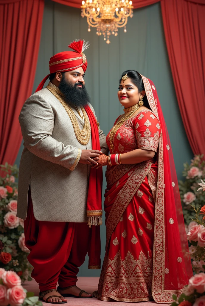 Marriage of couple wearing red n grey colour indian style marriage outfit, the wedding theme is grey n red colour, the girl and boy are chubby, the boy has buff n strong body.