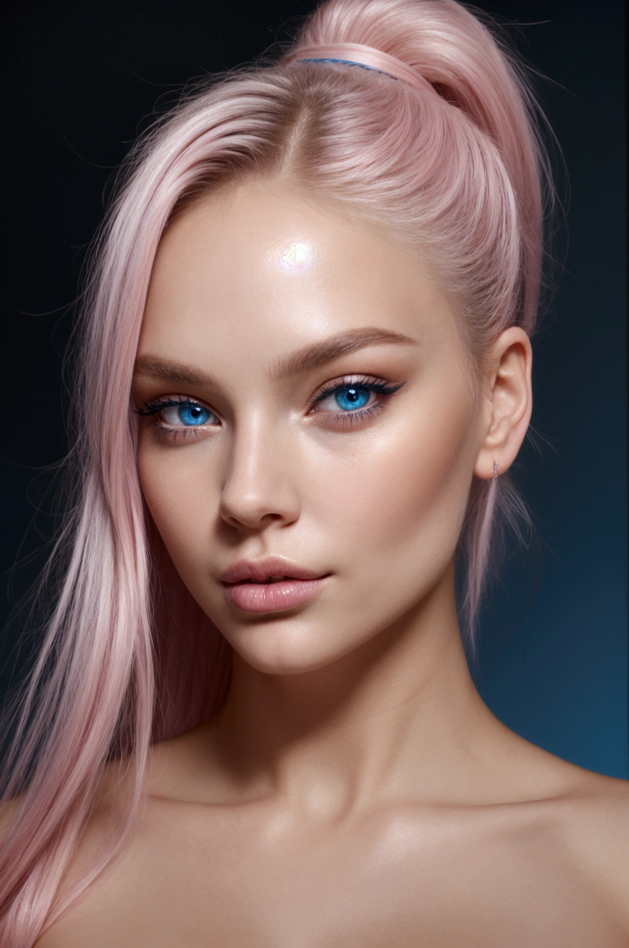 Create a close-up portrait of a stunningly beautiful Scandinavian woman with fair, flawless skin, and deep blue eyes. She mid length, flowing pink and blue gradient hair in ponytail. Her facial features are delicate and symmetrical, with high cheekbones, a well-defined jawline, and full lips with a natural pink hue. The lighting should be soft and flattering, enhancing her natural beauty, and the background should be neutral to keep the focus on her face. She should have a seductive sexy expression.