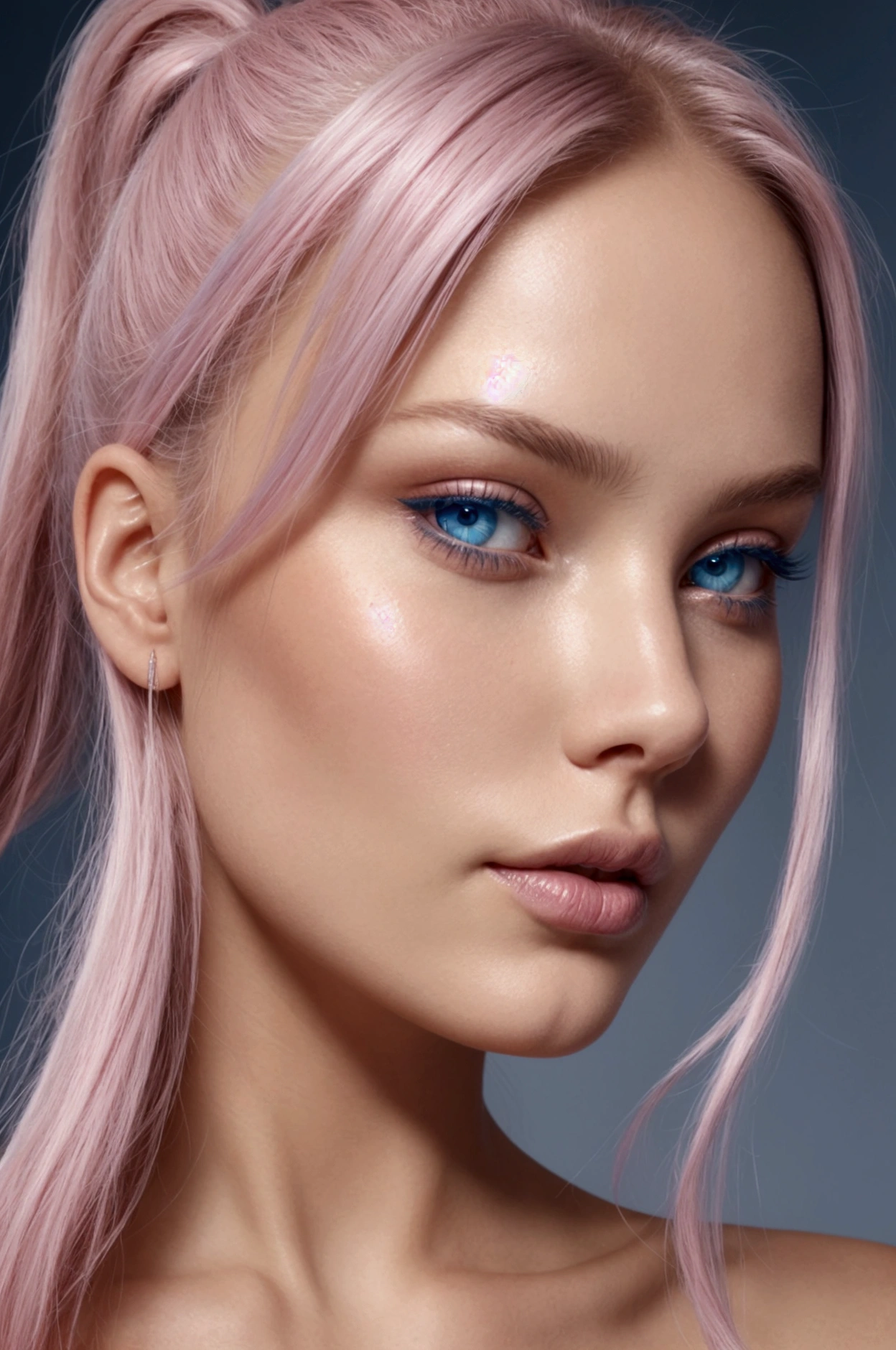 Create a close-up portrait of a stunningly beautiful Scandinavian woman with fair, flawless skin, and deep blue eyes. She mid length, flowing pink and blue gradient hair in ponytail. Her facial features are delicate and symmetrical, with high cheekbones, a well-defined jawline, and full lips with a natural pink hue. The lighting should be soft and flattering, enhancing her natural beauty, and the background should be neutral to keep the focus on her face. She should have a seductive sexy expression.