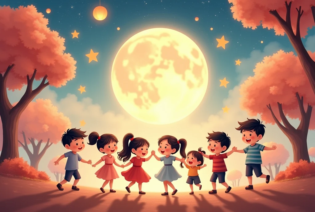 A charming 20 boys and 3 girls dancing with full moon, happy expression. The moon has bright, big. It sits in an enchanting autumn setting with light pink star-shaped balloons and star-shaped moon cake drifting around. The surrounding trees are laden with Mid-Autumn vietnamese star Lantern and the sky above glows with a gentle twilight blue, contributing to a magical and affectionate mood. The image should embody a cartoon-like and extremely adorable style, with a soft-focus background to amplify the fairy-tale-like ambiance of the composition.