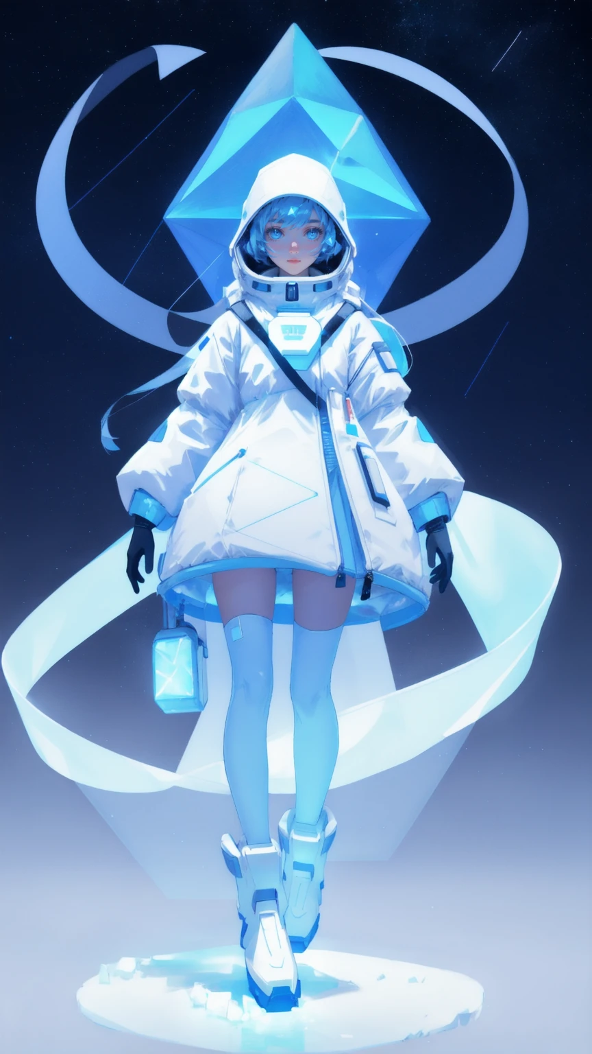 A beautiful, cute girl dressed as a futuristic astronaut walking on a glowing digital path through a mystical, icy landscape filled with floating geometric shapes and shining stars. Keywords: Crypto Winter Survival Kit, blue background.
