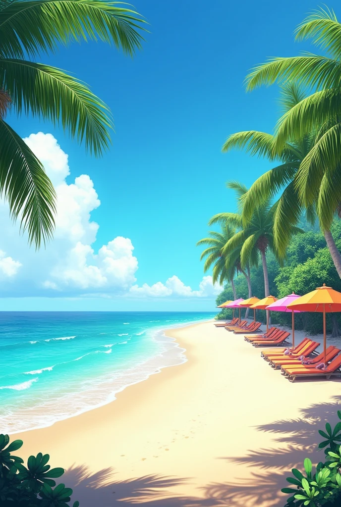 Beautiful beach with umbrellas on one side with no people with coconut trees and blue sky