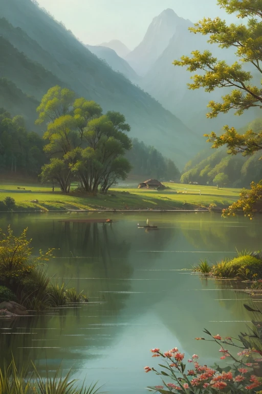 Highest quality、Landscape painting、Tranquil lakeside scenery、Foggy、dim