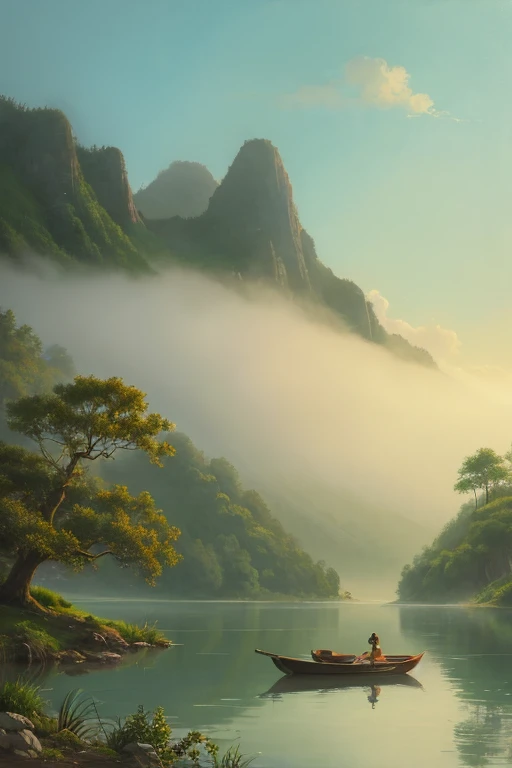 Highest quality、Landscape painting、Tranquil lakeside scenery、Foggy、dim