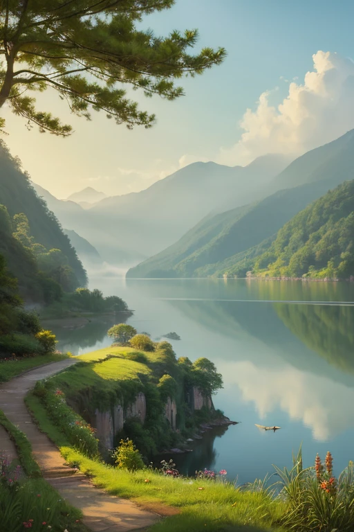 Highest quality、Landscape painting、Tranquil lakeside scenery、Foggy、dim