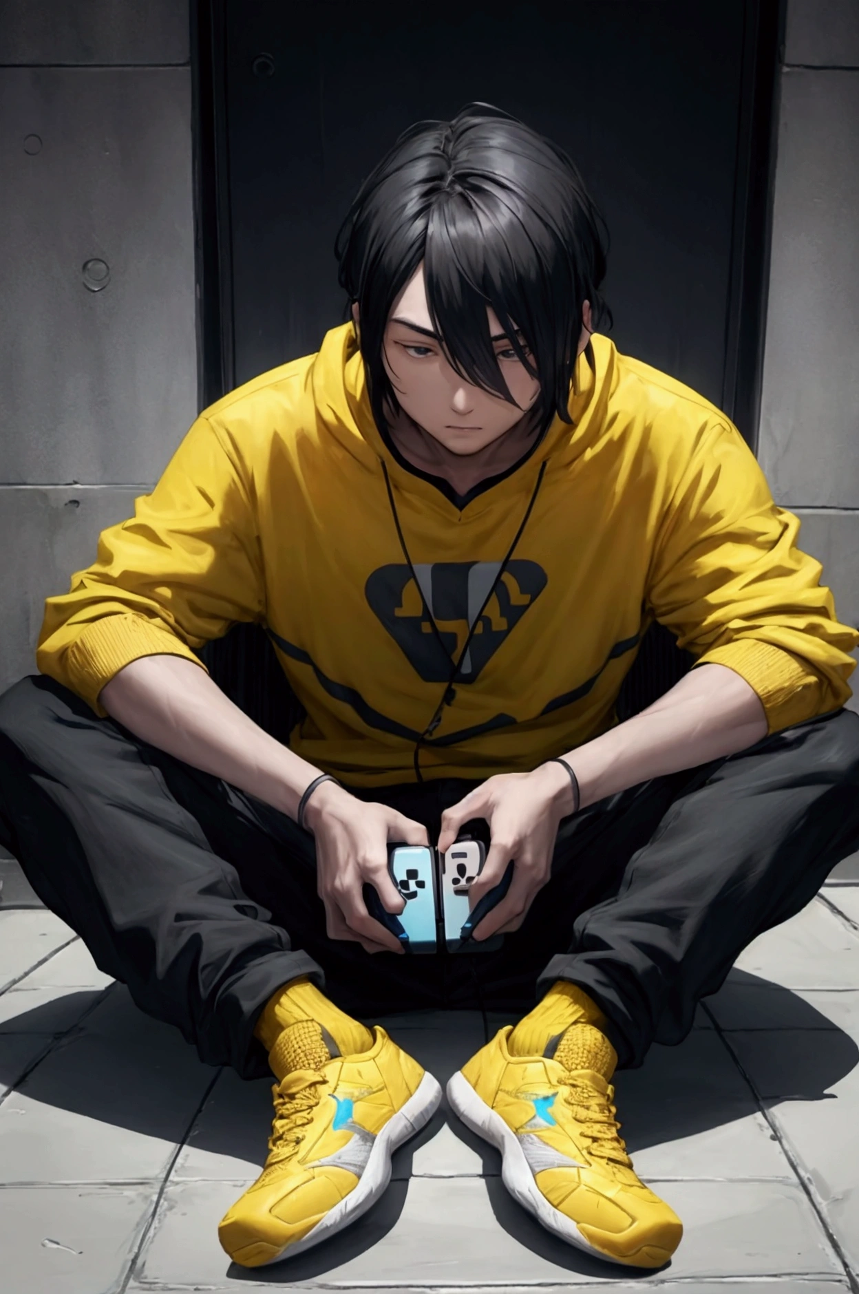 He has superpowers, holds a Nintendo Switch in his hand, and the character&#39;s main color is yellow.,Sitting and playing
