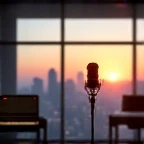 recording studio with a big window can be seen from outside, outside could see skyscrape and sunset, a pedestal micriphone standing , a piano sit not far away , highly legibility, Printed Chinese Letters Yuki Tanaka on the right corner