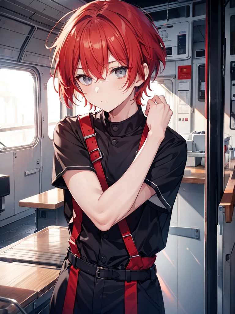 1boy, ((red hair)), beautiful boy, ((grey eyes)), Idol Costume, short hair, ((navy)), ((on board))