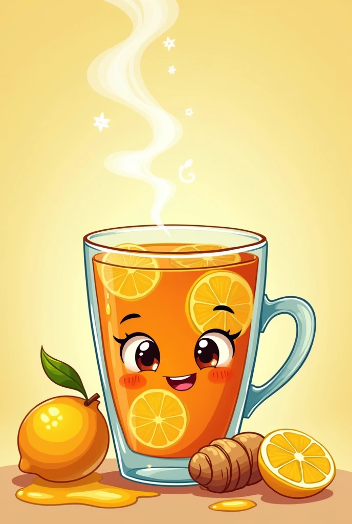 A glass of ginger tea with lemon slices and honey. animated type for little kids