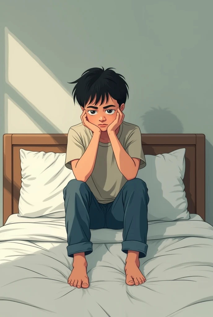 The bored boy gets up from the bed and sits 2D Photo
