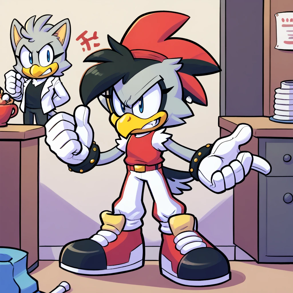The First Character:
Appears as a large red and gray robot.
The robot has a somewhat boxy, rounded body, with large cylindrical arms and legs.
The face is covered with a gray mask or visor that makes the character appear stern or angry.
The head has pointy ears, giving it a cat-like appearance.
The Second Character:
Resembles a bird, specifically a woodpecker.
The character is predominantly white and red with a large yellow beak.
The outfit includes a white suit with blue and green accents, along with yellow shoes.
This character has a mischievous or sly expression.