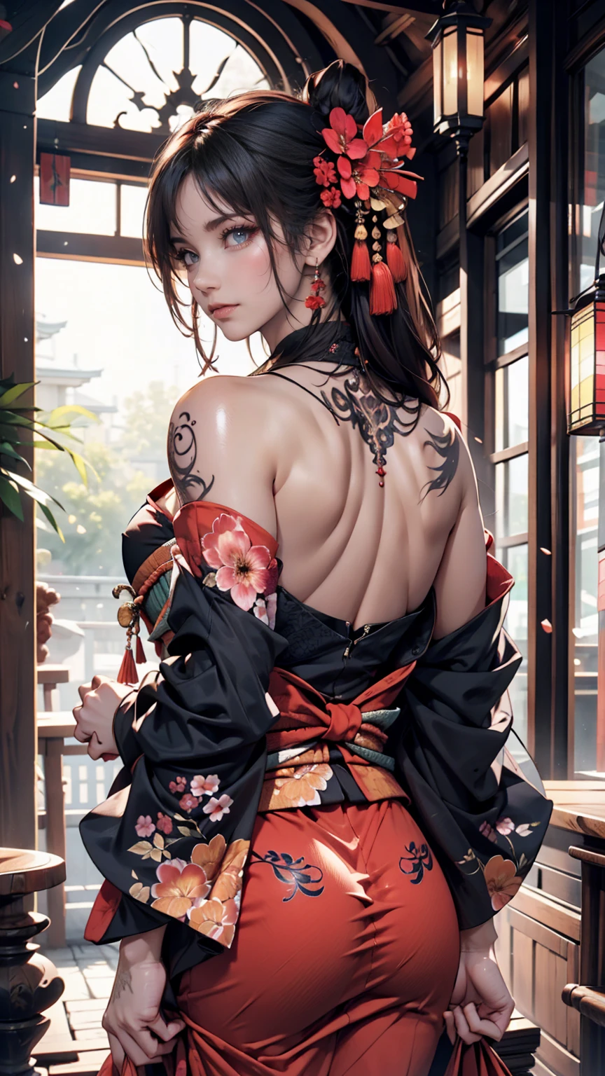 masterpiece, Highest quality, Highest quality, Official Art, beautifully、aesthetic:1.2),One person, tattoo, alone, kimono, Red and black kimono, hair ornaments, unsheathing, Black Hair, sheath, back tattoo, dragon tattoo, blue eyes, Off the shoulder, Exposing shoulders, Recall, From behind, flower, View your viewers, Holding, compensate, Outdoor,