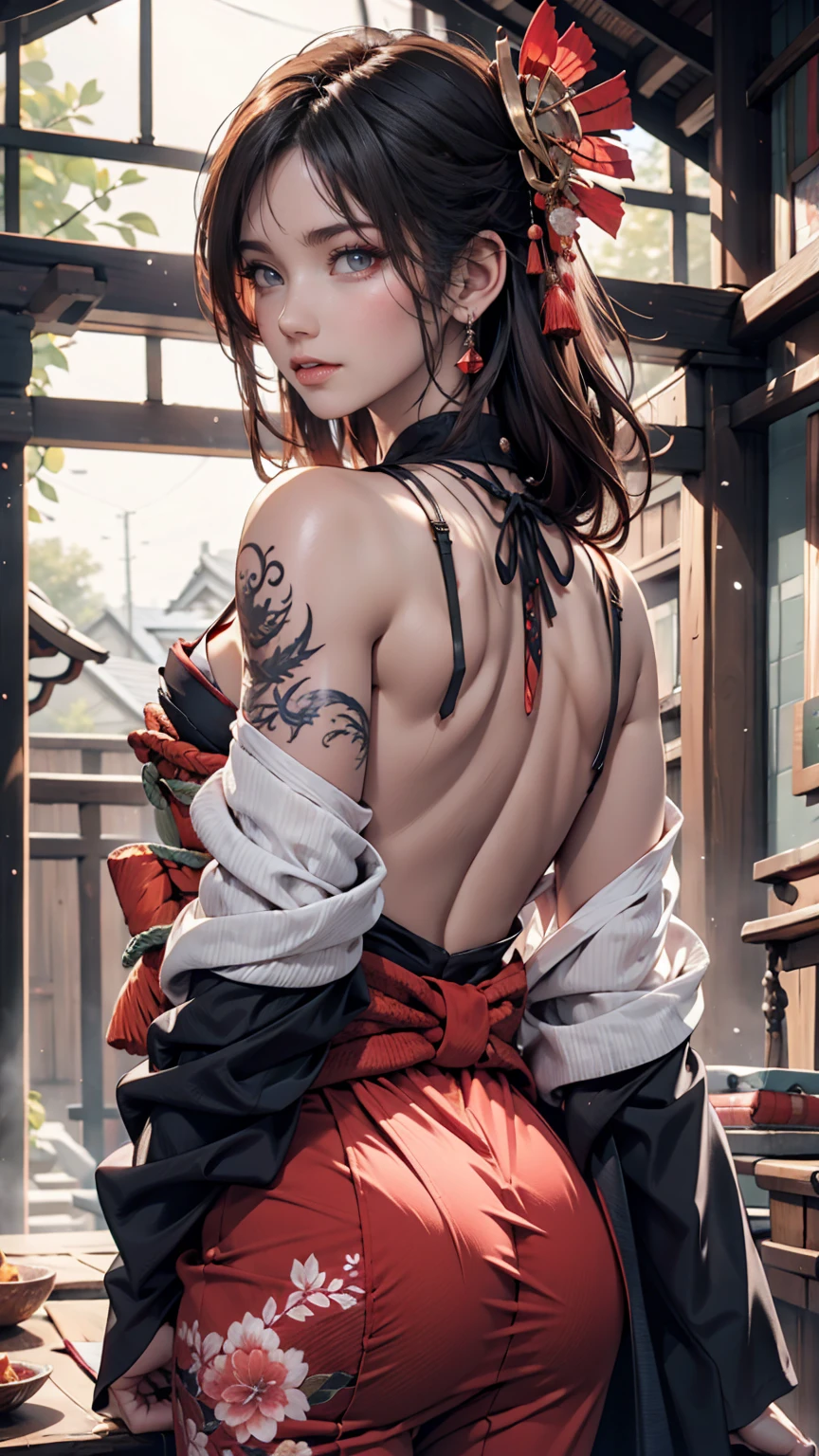 masterpiece, Highest quality, Highest quality, Official Art, beautifully、aesthetic:1.2),One person, tattoo, alone, kimono, Red and black kimono, hair ornaments, unsheathing, Black Hair, sheath, back tattoo, dragon tattoo, blue eyes, Off the shoulder, Exposing shoulders, Recall, From behind, flower, View your viewers, Holding, compensate, Outdoor,