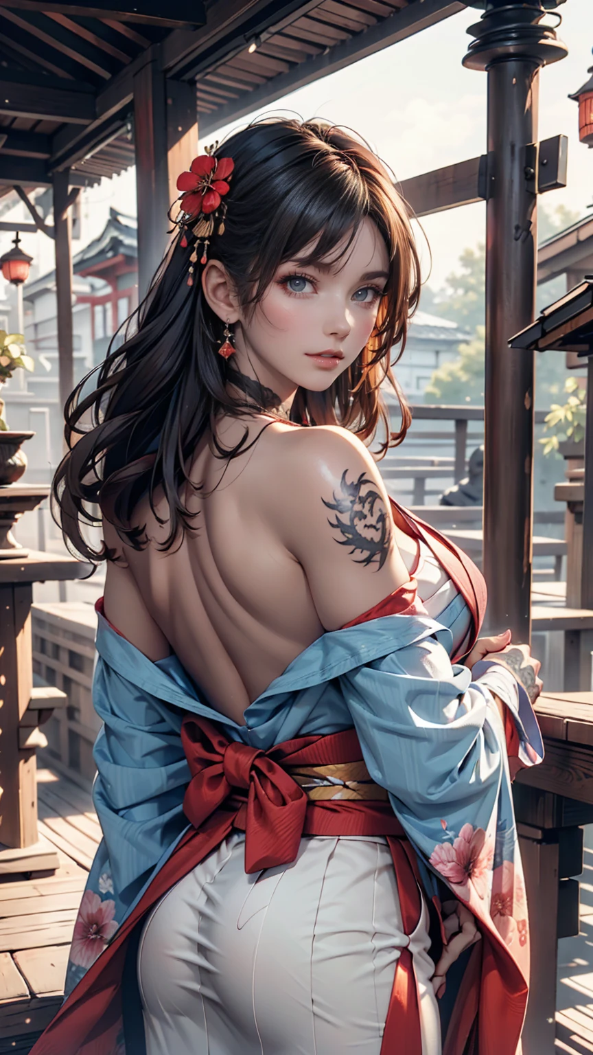 masterpiece, Highest quality, Highest quality, Official Art, beautifully、aesthetic:1.2),One person, tattoo, alone, kimono, Red and black kimono, hair ornaments, unsheathing, Black Hair, sheath, back tattoo, dragon tattoo, blue eyes, Off the shoulder, Exposing shoulders, Recall, From behind, flower, View your viewers, Holding, compensate, Outdoor,