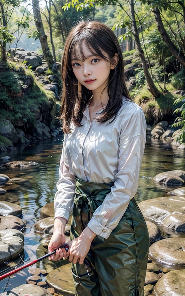 "Create a hyper-realistic digital painting of a young woman fly fishing in a misty mountain stream at dawn. Focus on the interplay of light as the first rays of sunlight filter through the mist and trees, reflecting off the water's surface. Capture the concentration in her eyes and the tension in her posture as she casts her line. Pay attention to the details of her fishing gear, the texture of her weather-worn clothing, and the subtle movements of the water around her waders. Include elements of the surrounding nature, such as moss-covered rocks, overhanging branches, and perhaps a curious wildlife observer in the background. The overall atmosphere should convey a sense of solitude, connection with nature, and the anticipation of the perfect catch."
A clear depiction of the fishing rod。