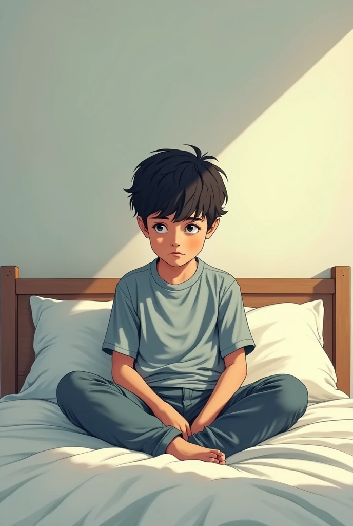The bored boy gets up from the bed and sits 2D Photo