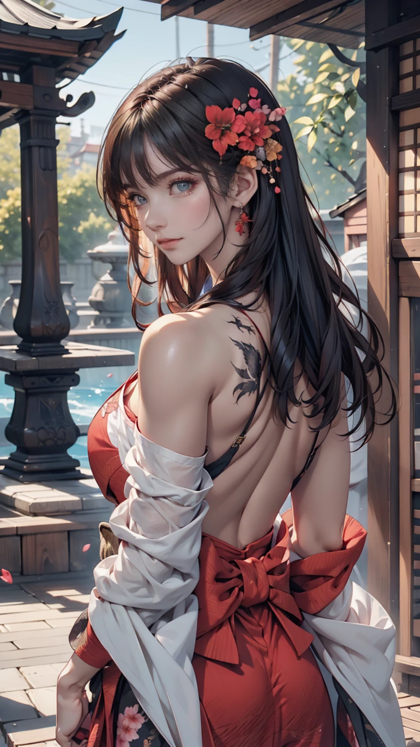 masterpiece, Highest quality, Highest quality, Official Art, beautifully、aesthetic:1.2),One person, tattoo, alone, kimono, Red and black kimono, hair ornaments, unsheathing, Black Hair, sheath, back tattoo, dragon tattoo, blue eyes, Off the shoulder, Exposing shoulders, Recall, From behind, flower, View your viewers, Holding, compensate, Outdoor,