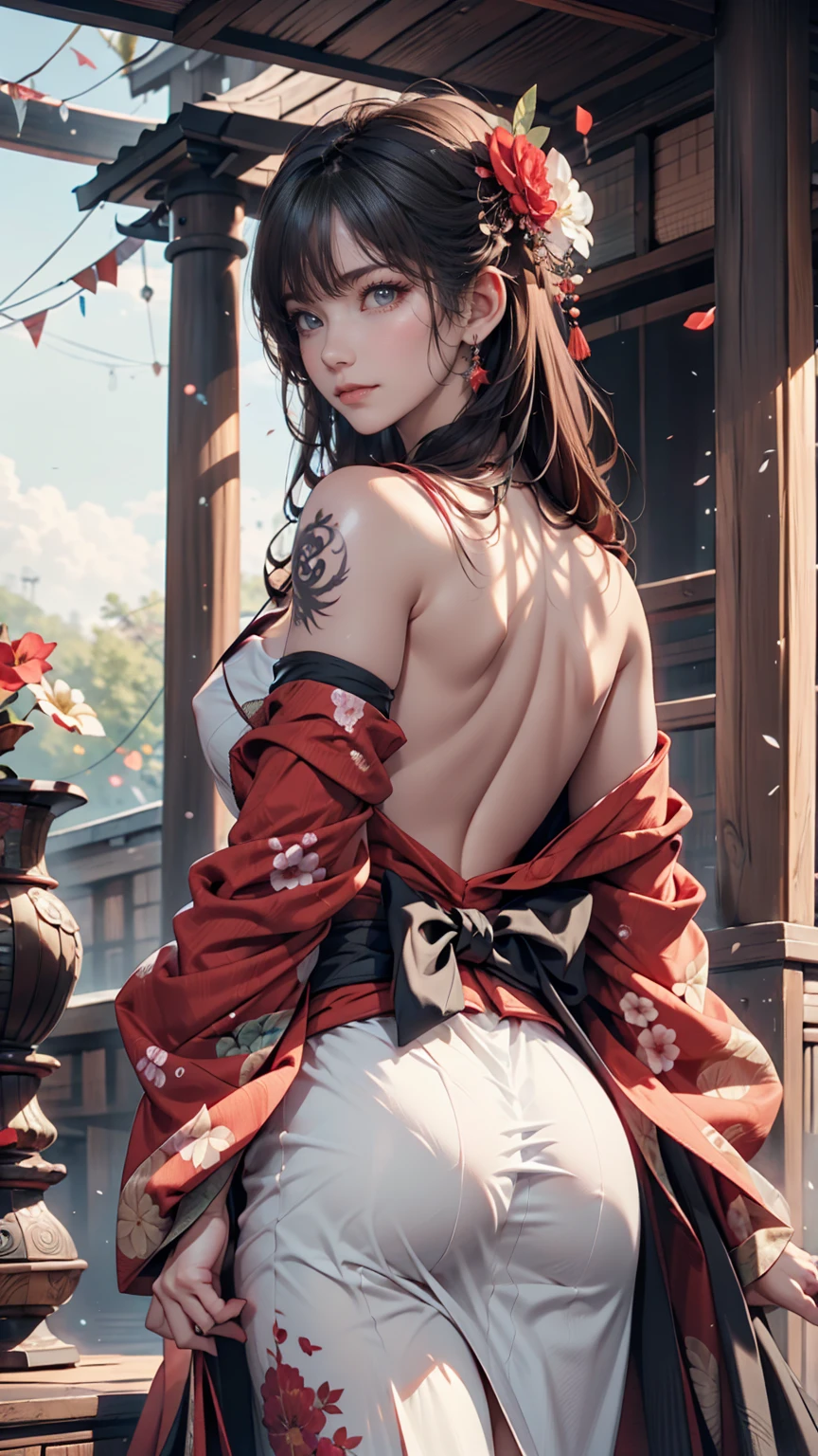 masterpiece, Highest quality, Highest quality, Official Art, beautifully、aesthetic:1.2),One person, tattoo, alone, kimono, Red and black kimono, hair ornaments, unsheathing, Black Hair, sheath, back tattoo, dragon tattoo, blue eyes, Off the shoulder, Exposing shoulders, Recall, From behind, flower, View your viewers, Holding, compensate, Outdoor,