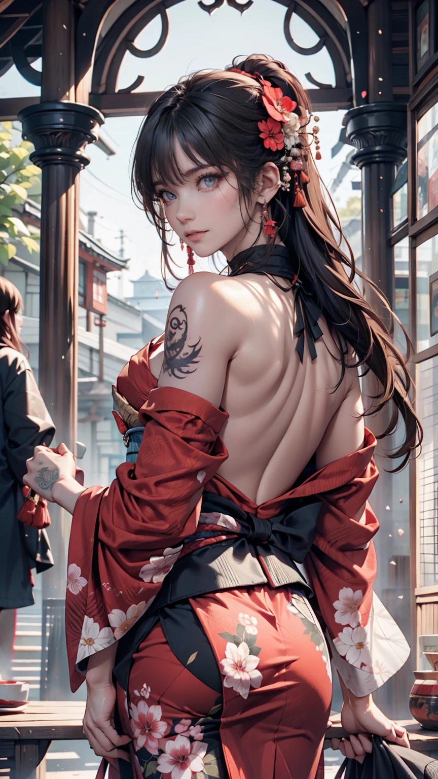 masterpiece, Highest quality, Highest quality, Official Art, beautifully、aesthetic:1.2),One person, tattoo, alone, kimono, Red and black kimono, hair ornaments, unsheathing, Black Hair, sheath, back tattoo, dragon tattoo, blue eyes, Off the shoulder, Exposing shoulders, Recall, From behind, flower, View your viewers, Holding, compensate, Outdoor,