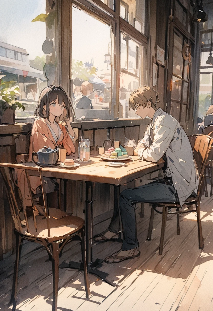 masterpiece,最high quality,Very detailed,High resolution backgrounds,8k,there is nothing,high quality,break,japanese manga style, sketch, Watercolor Colors,Cafe with a nice atmosphere,antique interior,Stylish interior,,slowly,relax,sweets, A boy is sitting on a chair、Get closer to your subject