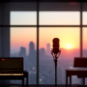 recording studio with a big window can be seen from outside, outside could see  skyscrape and sunset, a pedestal micriphone standing , a piano sit not far away , highly legibility, Printed Chinese Letters Yuki Tanaka on the right corner