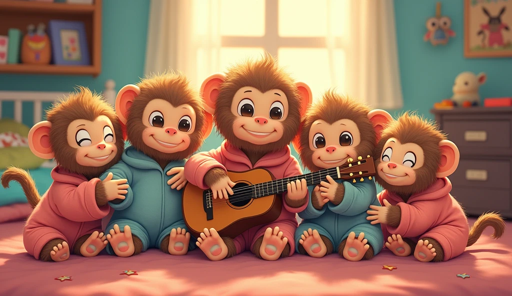 5 fluffy little monkeys, smile, Big eyes, Wear pajamas, sitting playing guitar, Children's bedroom, Snes drawing