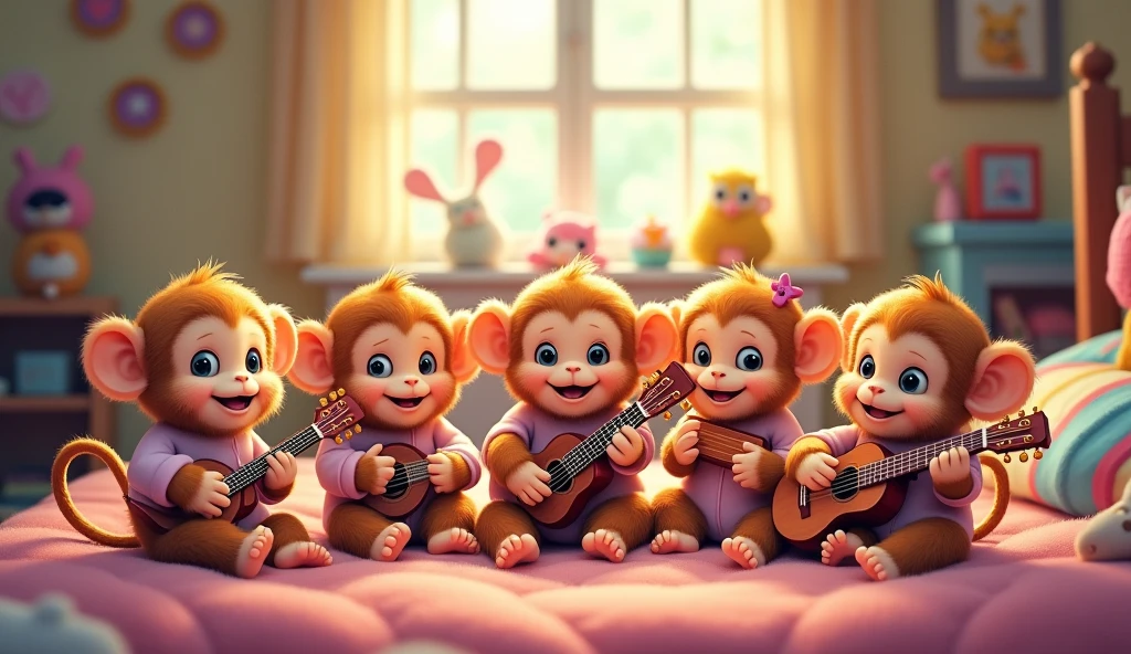 5 fluffy little monkeys, smile, Big eyes, Wear pajamas, sitting playing guitar, Children's bedroom, Snes drawing