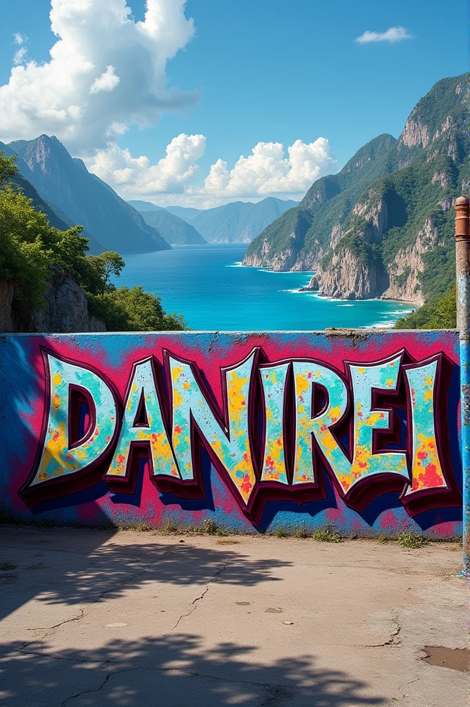 A graffiti on a wall with the name DANIREI with wonderful colors and a background of a mountain and the sea