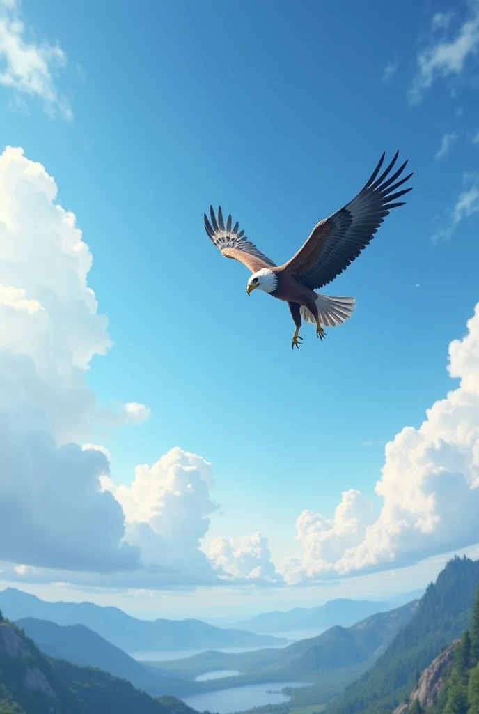 A landscape of a beautiful sky with few clouds and an ultra realistic eagle 8k full hd