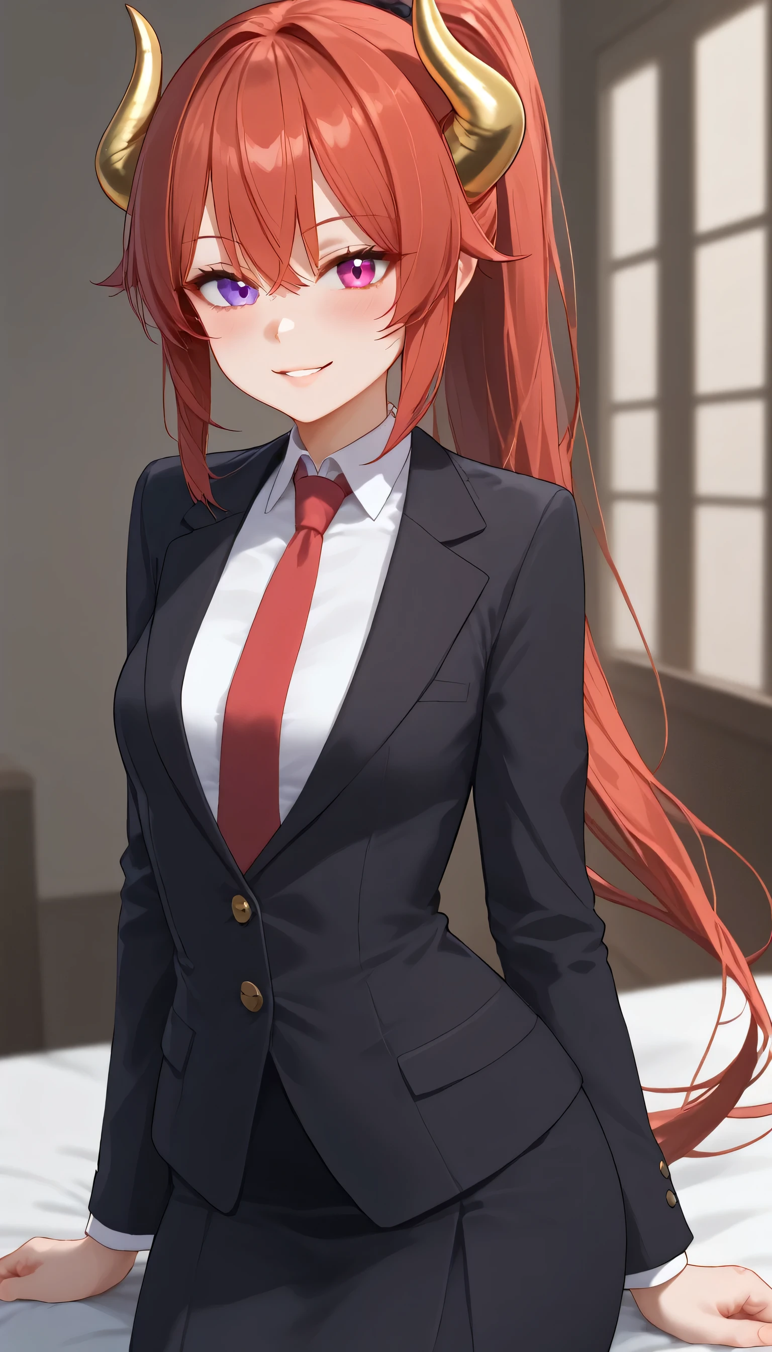 shiny skin, 1girl, ponytail hairstyle, parted lips, black skirt, bangs, hair tie, ((pink and purple color eyes, pink and purple Heterochromia eyes, beautiful detailed eyes, (cat pulils)), blush, breasts, shirt, small breasts, solo, looking at viewer, red hair, long red hair, black coat, black suit, red tie suit, white shirt, closed mouth, long sleeves, ponytail hairstyle, collarbone, smile, large smile, ((small horns, gold horns, horns towards the bangs, the ends of the horns are on the bangs, dragonian)) 