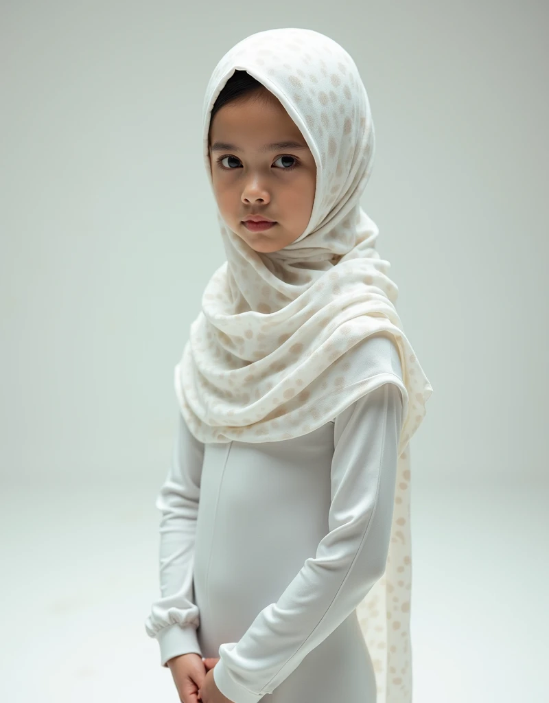 a beautiful and thin malaysian muslim  girl wears white clouded leopard lycra turtleneck unitard catsuit and white clouded leopard lycra dancewear hijab.