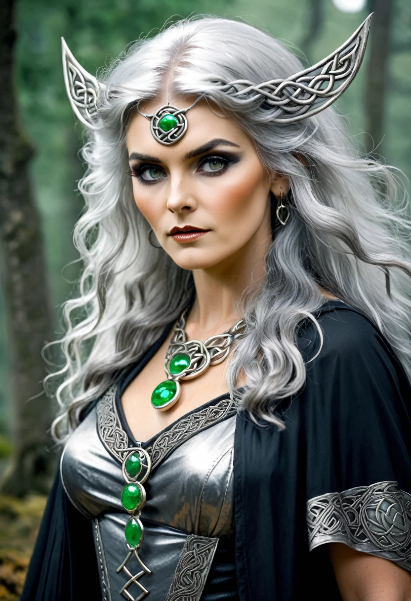 Barbarian celtic old witch woman, silver hair, generate vintage and old image.
