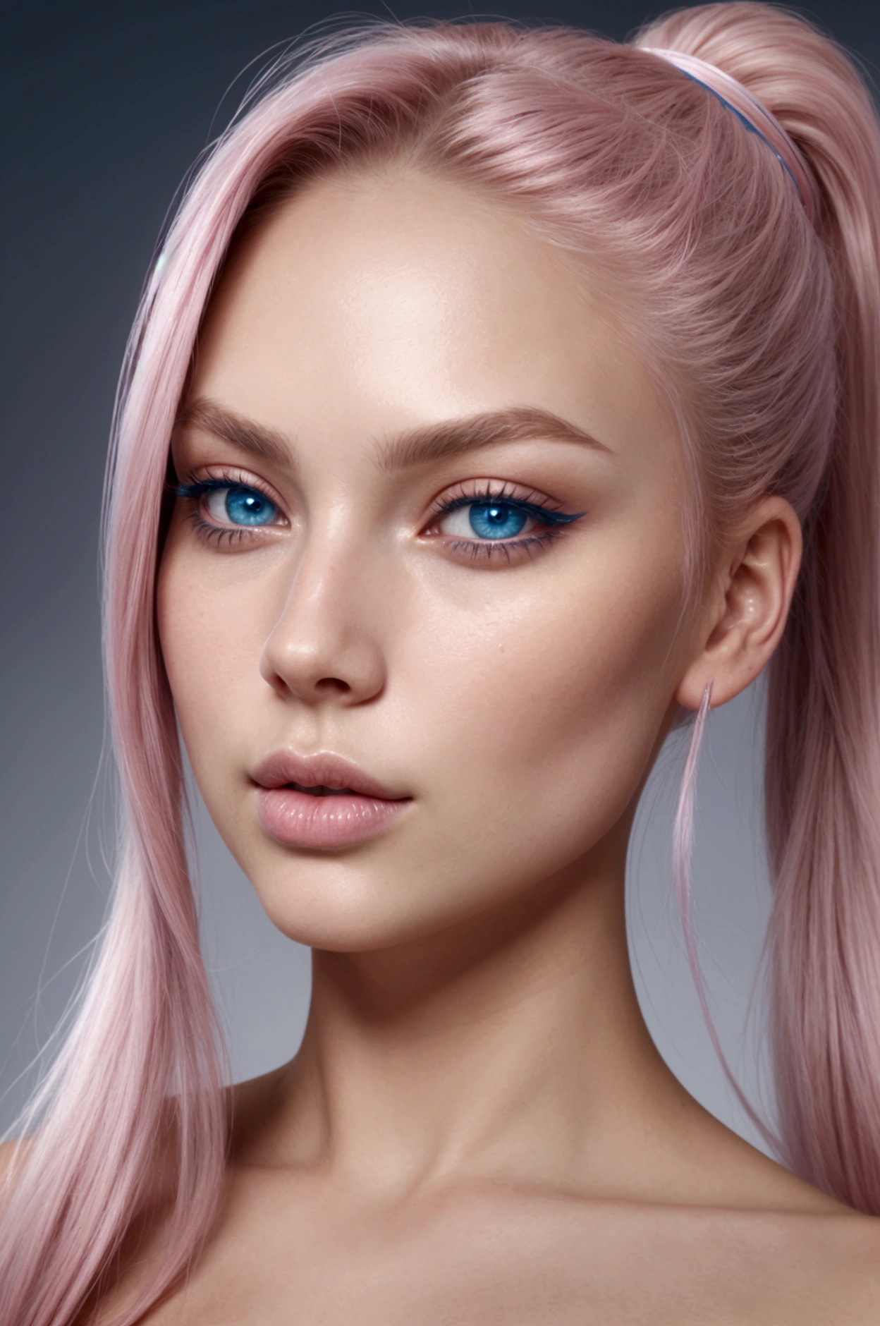 Create a close-up portrait of a stunningly beautiful Scandinavian woman with fair, flawless skin, and deep blue eyes. She mid length, flowing pink and blue gradient hair in ponytail. Her facial features are delicate and symmetrical, with high cheekbones, a well-defined jawline, and full lips with a natural pink hue. The lighting should be soft and flattering, enhancing her natural beauty, and the background should be neutral to keep the focus on her face. She should have a seductive sexy expression. 