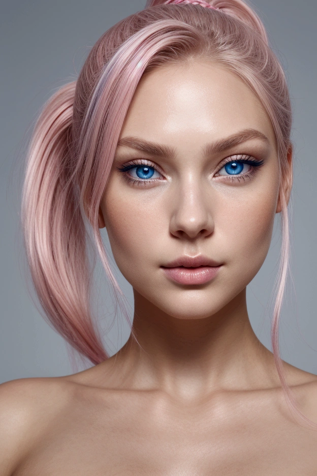 Create a close-up portrait of a stunningly beautiful Scandinavian woman with fair, flawless skin, and deep blue eyes. She mid length, flowing pink and blue gradient hair in ponytail. Her facial features are delicate and symmetrical, with high cheekbones, a well-defined jawline, and full lips with a natural pink hue. The lighting should be soft and flattering, enhancing her natural beauty, and the background should be neutral to keep the focus on her face. She should have a seductive sexy expression.