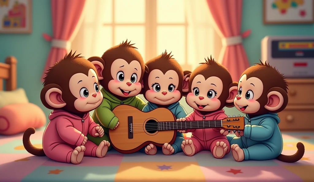 5 fluffy little monkeys, smile, Big eyes, Wear pajamas, sitting playing guitar, Children's bedroom, Snes drawing