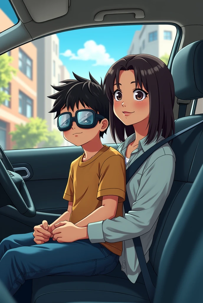 "Son, there is no space in the car, sit on sister's lap at the back seat"

[Time is 3:00pm]
[And location is a city]
[And sister is hug the son]
[And sister veering a Goggles on his eyes]
[And make like anime art]
[And Son age is 19]
[And sister age is 25]
[And sister looking smart]
[And son looking normal]
[And sister bops is big]