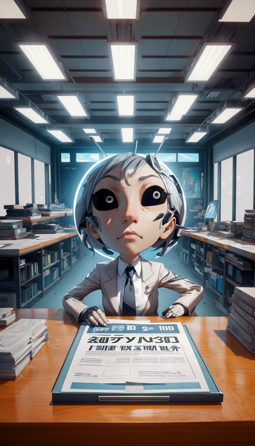  girl  in a suit and tie sitting at a desk with a newspaper, depicted as a 3 d render, an award winning digital render, official artwork, smug appearance, award winning cgi, declassified, 3 d demo reel avatar, official screenshot, highly_detailed!!, highly rendered!!, digital render, toonami, year 3000