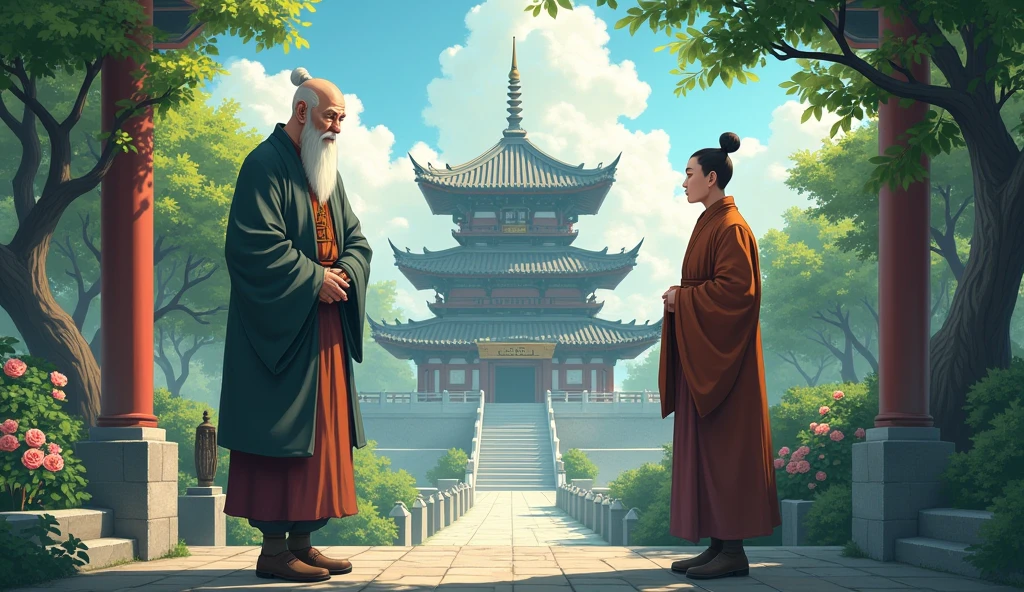 Chinese Old monk sensei standing, concerned ​monk student, talking, surrounded by temples, beautiful trees, in anime style, beautiful scenario,