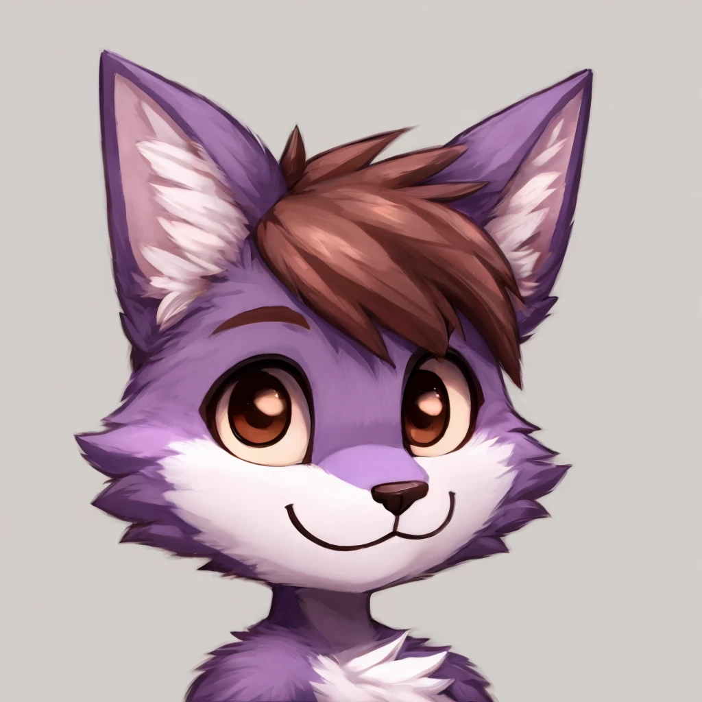 A headshot of an anthropomorphic light purple colored fur, furry cat, closed smile, brown eyes, big cute eyes, high quality furry art, chibi style, the background is a bright blue sky.