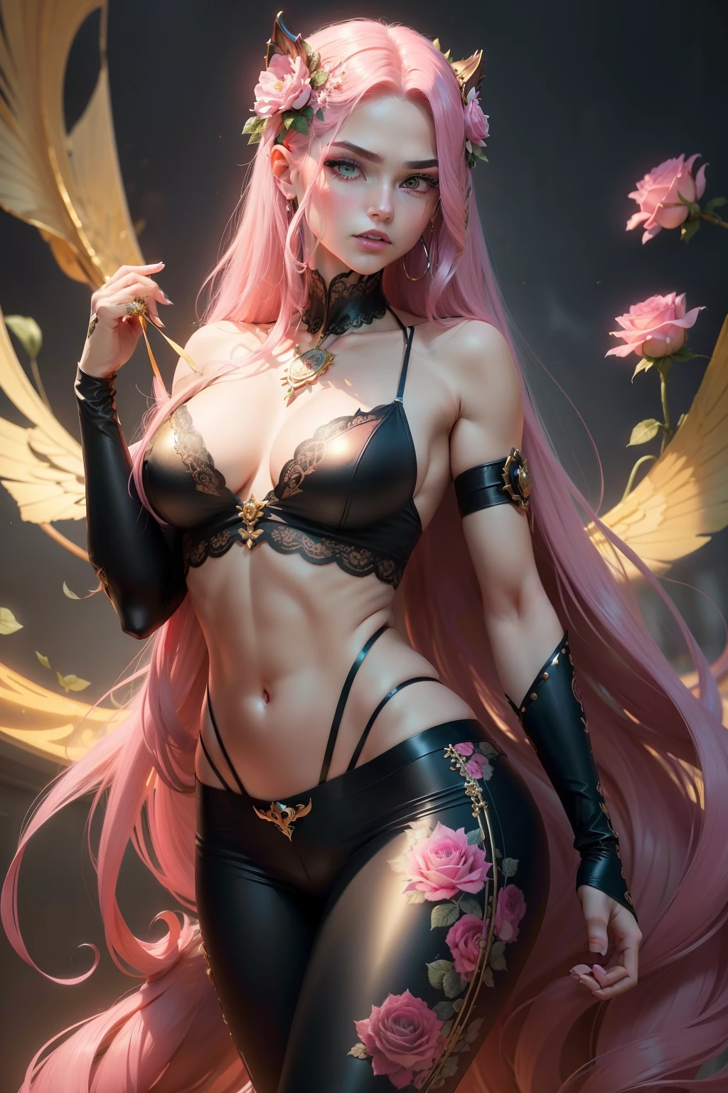 (8k,shipmentsrrealista shipments Maximum quality;1.4) (ung boy) Super handsome king of the underworld (lifelike face) (long hair, pink floral hair) slenderbody Muscular and hairy and macho Pink floral aristocratic costume with big golden eyes pink floral decoration Fangs peeking out of the mouth Pointed claws a seductive gaze Beautiful expression A hyper-realistic (King of the Underworld) appealing (real looking skin) super high resolution high détail Luxury pink floral pants aura of floral roses emanating from the body winx wings effect
