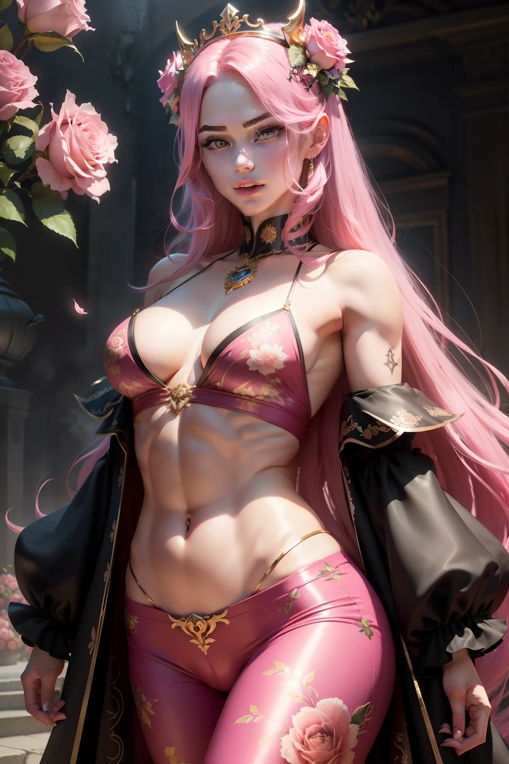 (8k,shipmentsrrealista　shipments　Maximum quality;1.4) (1  boy) Super handsome king of the underworld　(lifelike face) 　(long hair, pink floral hair)　slenderbody　Muscular and hairy and macho　Pink floral aristocratic costume with big golden eyes　pink floral decoration　Fangs peeking out of the mouth　Pointed claws　a seductive gaze　Beautiful expression　A hyper-realistic　(King of the Underworld)　appealing　(real looking skin)　super high resolution　high détail　Luxury pink floral pants　aura of floral roses emanating from the body　winx wings effect