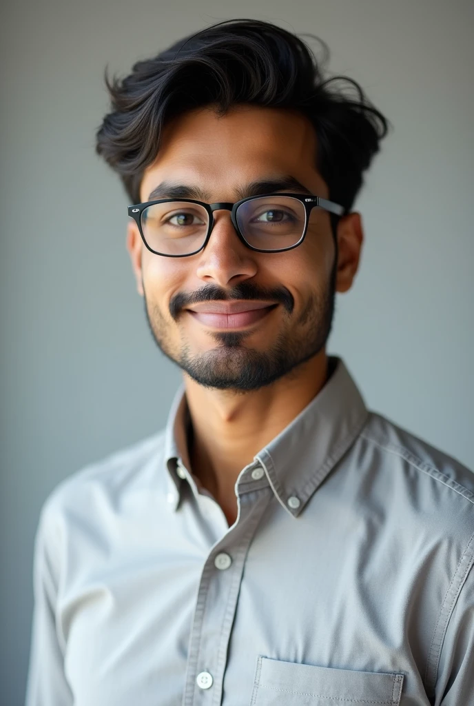 21 year old indian boy With fair skin Wearing spectacles and narrow body Posing for a linkedin picture in formal
