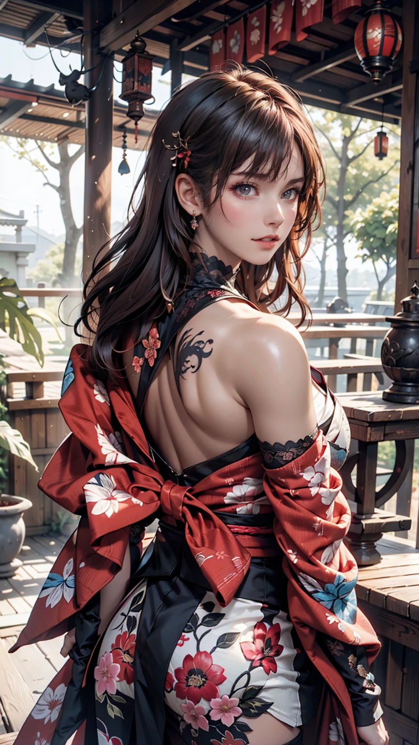 masterpiece, Highest quality, Highest quality, Official Art, beautifully、aesthetic:1.2),One person, tattoo, alone, kimono, Red and black kimono, hair ornaments, unsheathing, Black Hair, sheath, back tattoo, dragon tattoo, blue eyes, Off the shoulder, Exposing shoulders, Recall, From behind, flower, View your viewers, Holding, compensate, Outdoor,