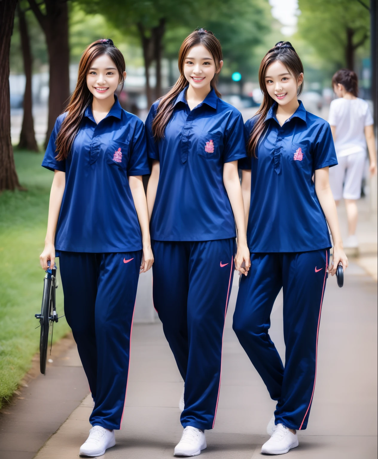 3 girls ride a bicycle, Bicycle , ride ,Navy blue short-sleeved shirt,Navy Long Trackpant,Sweatpants, Sweatpantsขายาว,25 year old girl, lesbian, sexy, exercise clothes, wet body, exercise clothes