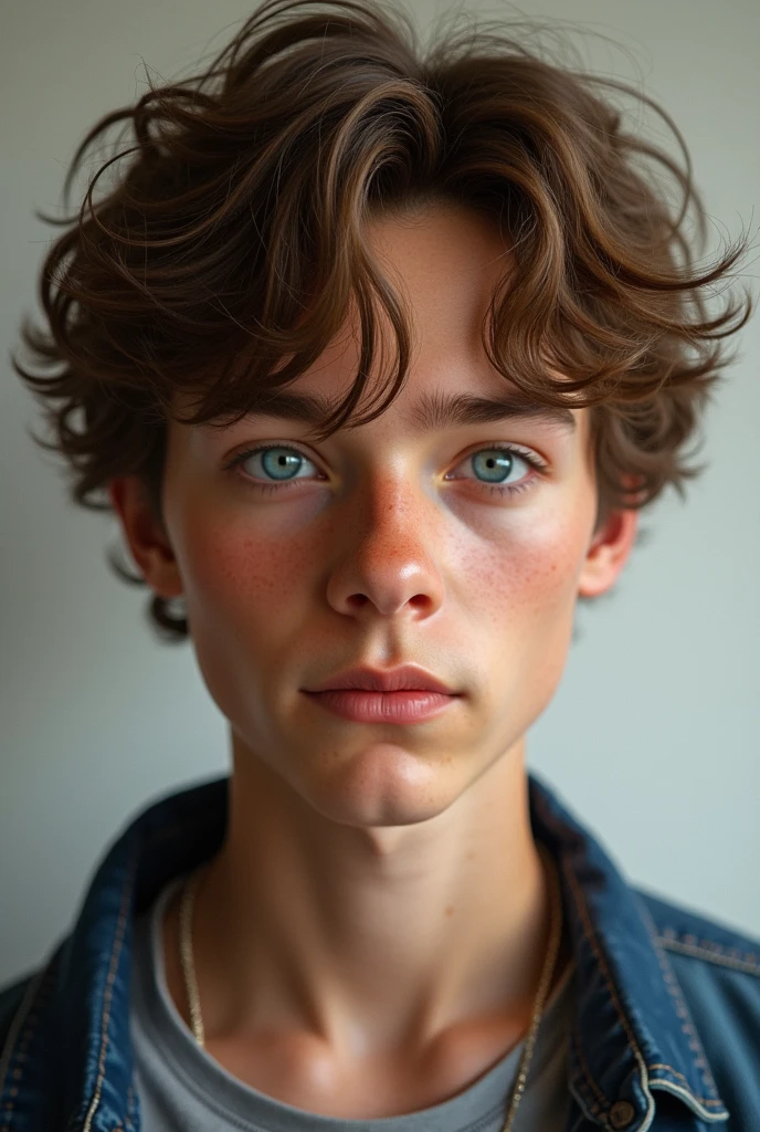 make me a picture of an 18 year old boy with brown curly hair, has sharp blue eyes and a firm face