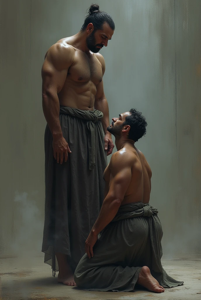 The person is slowly standing upright, a determined look on his face